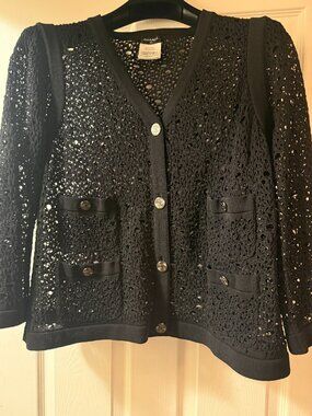 CHANEL Black Crochet Knit Cardigan Jacket – FR 48 (US 14–16)